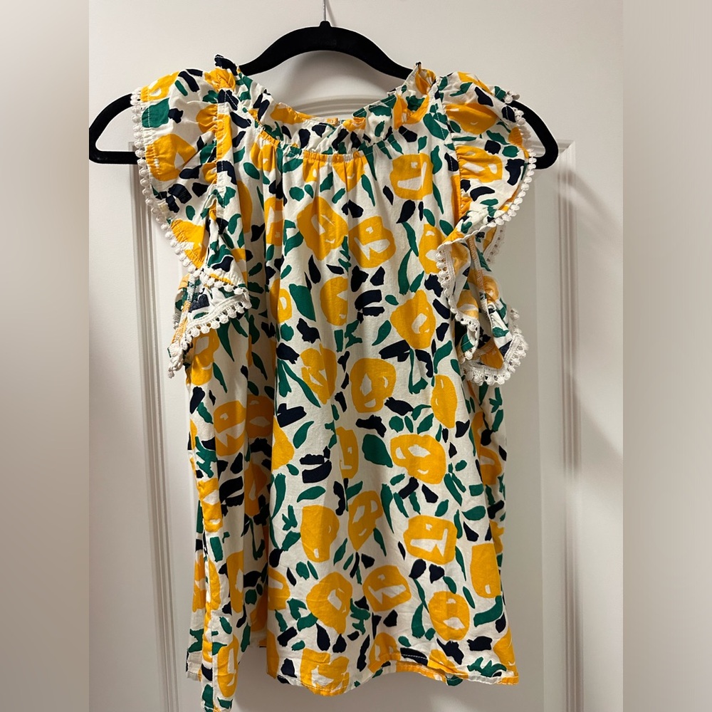 THML Yellow White Green Floral Ruffle Sleeve Top Women’s Size Medium 100% Cotton
